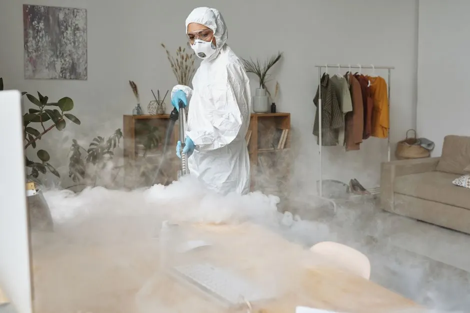 A professional in PPE disinfecting an indoor space using fumigation for safety.
